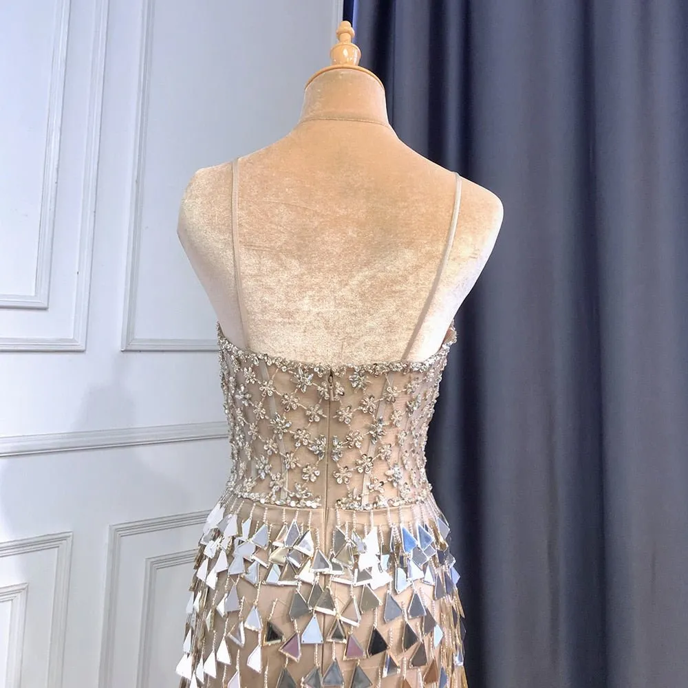 Silver Nude Spaghetti Strap Luxury Evening Dresses Gown