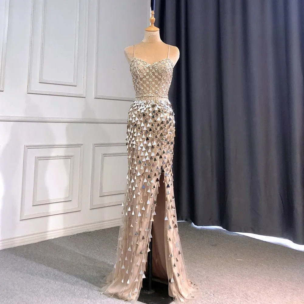 Silver Nude Spaghetti Strap Luxury Evening Dresses Gown