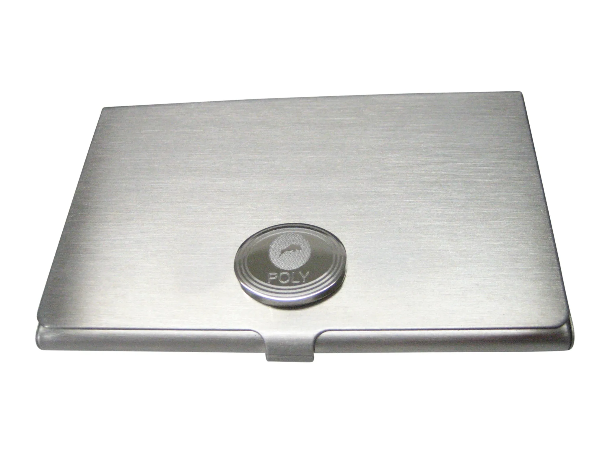 Silver Toned Oval Pendant Etched Polymath Coin POLY Cryptocurrency Blockchain Business Card Holder