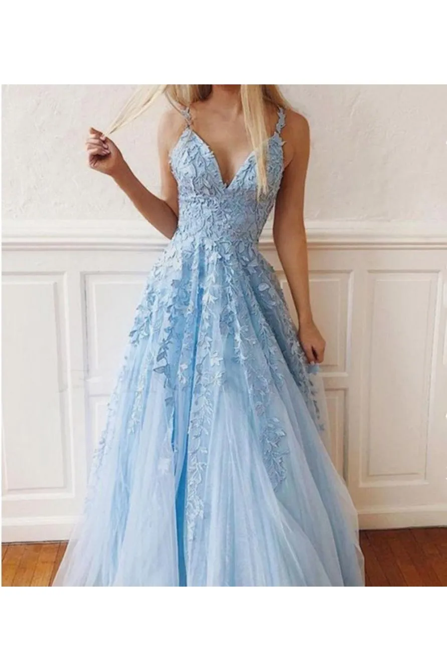 Sky Blue Lace Prom Dresses Deep V-neck A Line Long Party Elegant Floor Length Women Evening Gowns
