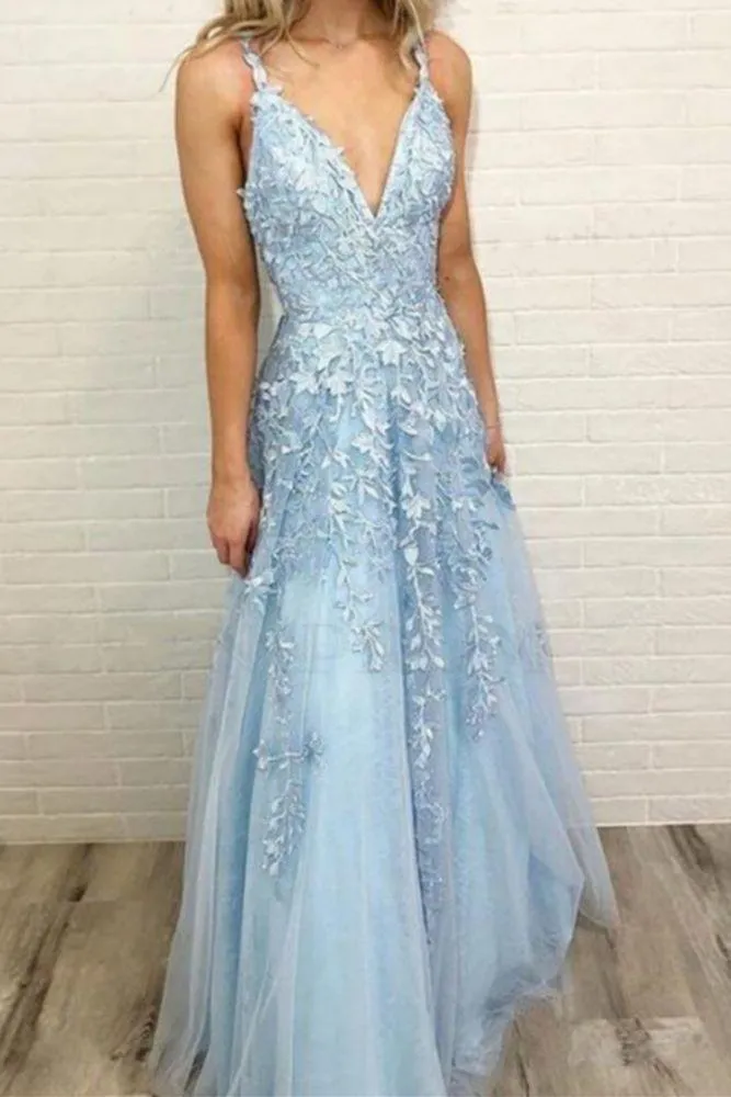 Sky Blue Lace Prom Dresses Deep V-neck A Line Long Party Elegant Floor Length Women Evening Gowns