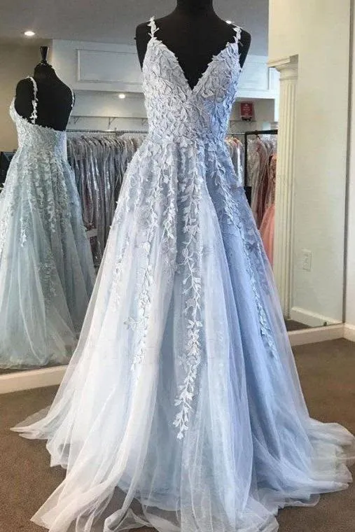 Sky Blue Lace Prom Dresses Deep V-neck A Line Long Party Elegant Floor Length Women Evening Gowns