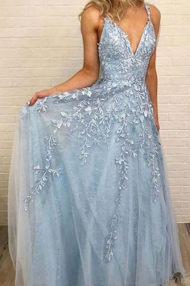 Sky Blue Lace Prom Dresses Deep V-neck A Line Long Party Elegant Floor Length Women Evening Gowns