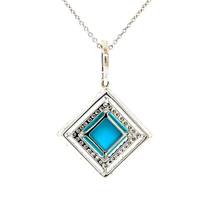 Sleeping Beauty Turquoise and Diamond Halo Pendant Necklace in 18k White Gold