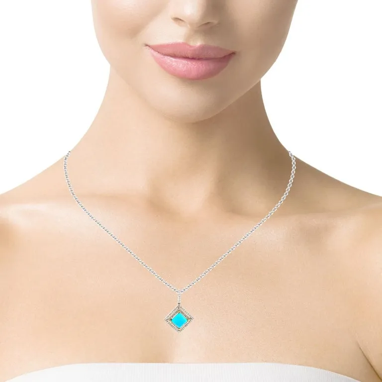Sleeping Beauty Turquoise and Diamond Halo Pendant Necklace in 18k White Gold