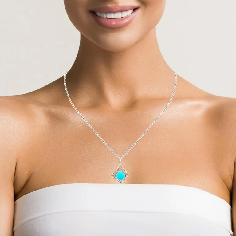 Sleeping Beauty Turquoise and Diamond Halo Pendant Necklace in 18k White Gold