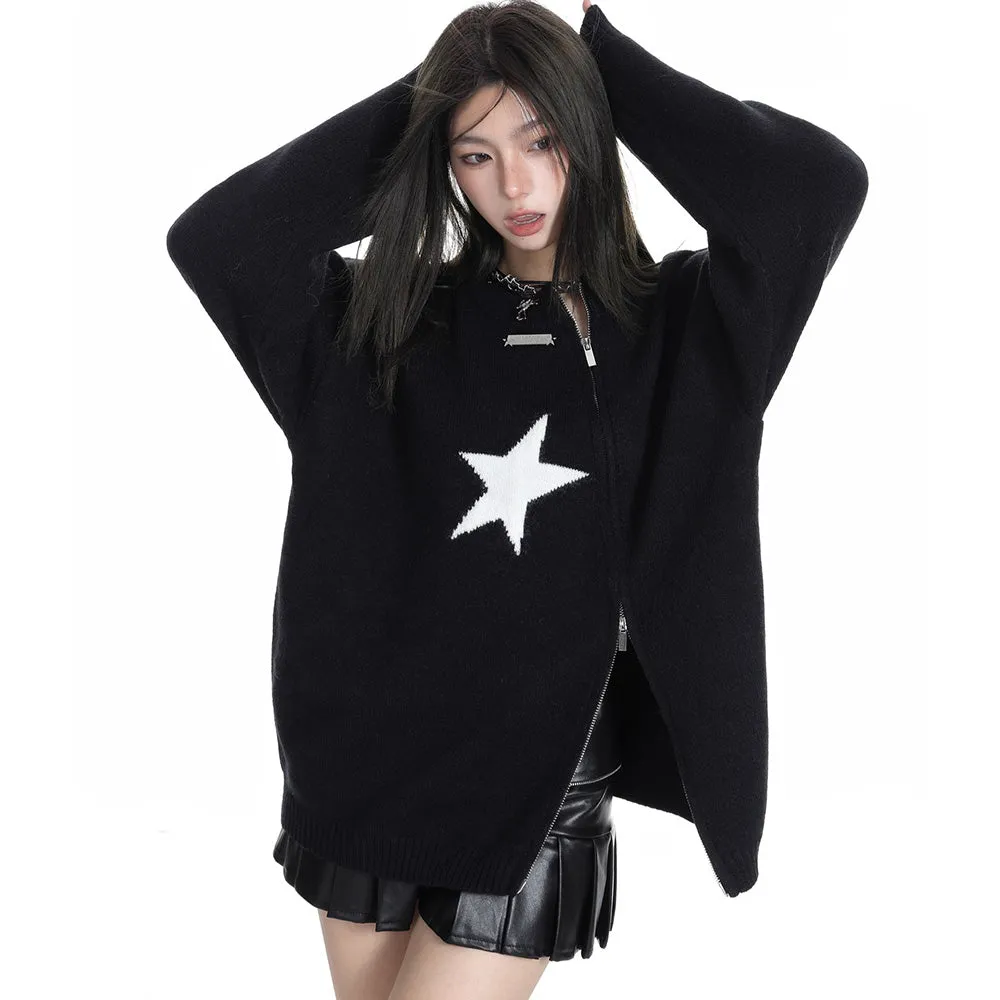 Solid Color Star Zipper  Pullover Sweater