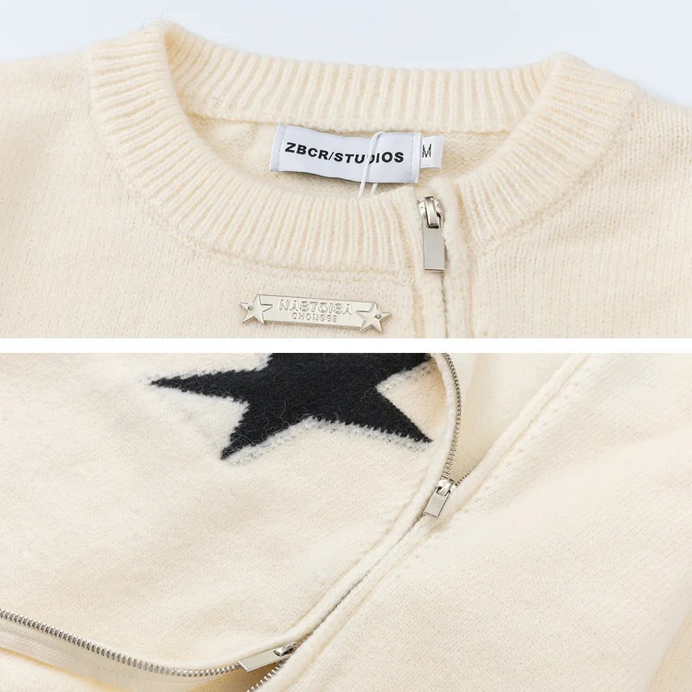 Solid Color Star Zipper  Pullover Sweater