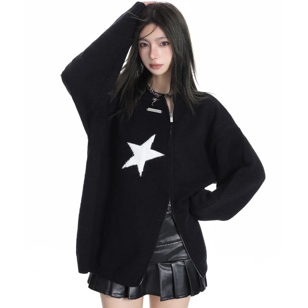 Solid Color Star Zipper  Pullover Sweater
