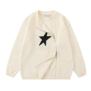 Solid Color Star Zipper  Pullover Sweater