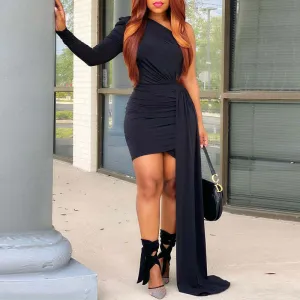Solid Oblique Shoulder Long Sleeve Party Dress