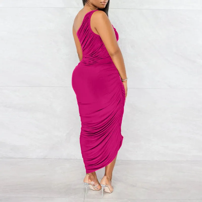 Solid Oblique Shoulder Sleeveless Ruched Midi Dress