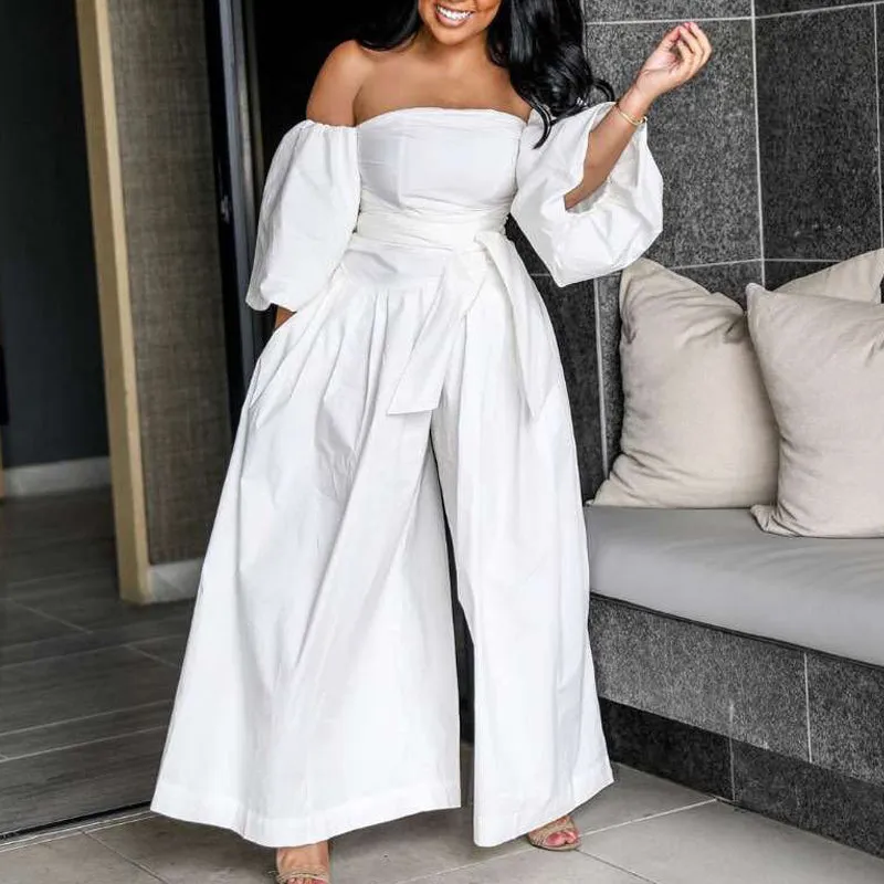 Solid Off Shoulder Lace-up Wide Leg Jumpsuit
