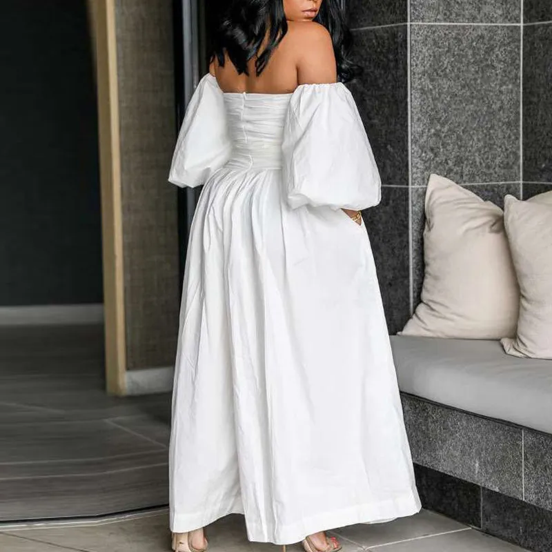 Solid Off Shoulder Lace-up Wide Leg Jumpsuit