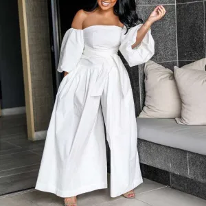 Solid Off Shoulder Lace-up Wide Leg Jumpsuit