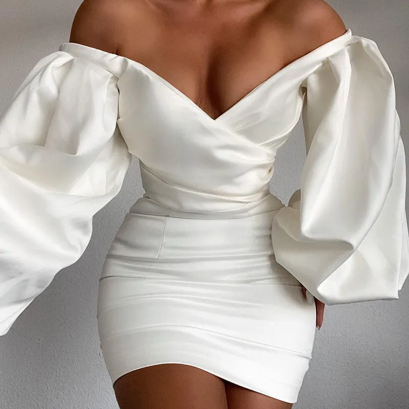 Solid Off Shoulder Lantern Sleeve Bodycon Dress