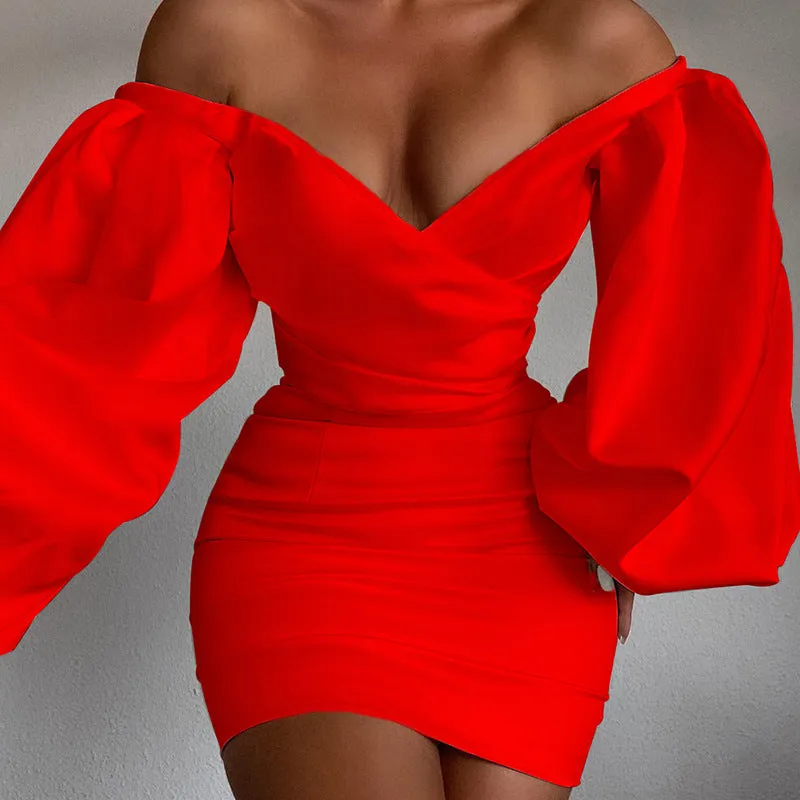 Solid Off Shoulder Lantern Sleeve Bodycon Dress