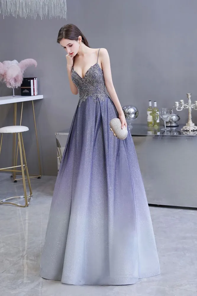 Spaghetti Strap Ombre Pruple Sparkle Prom Dresses