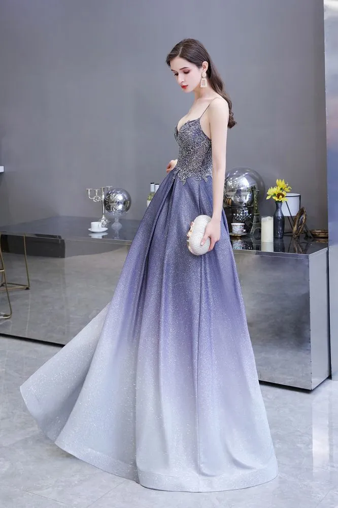 Spaghetti Strap Ombre Pruple Sparkle Prom Dresses