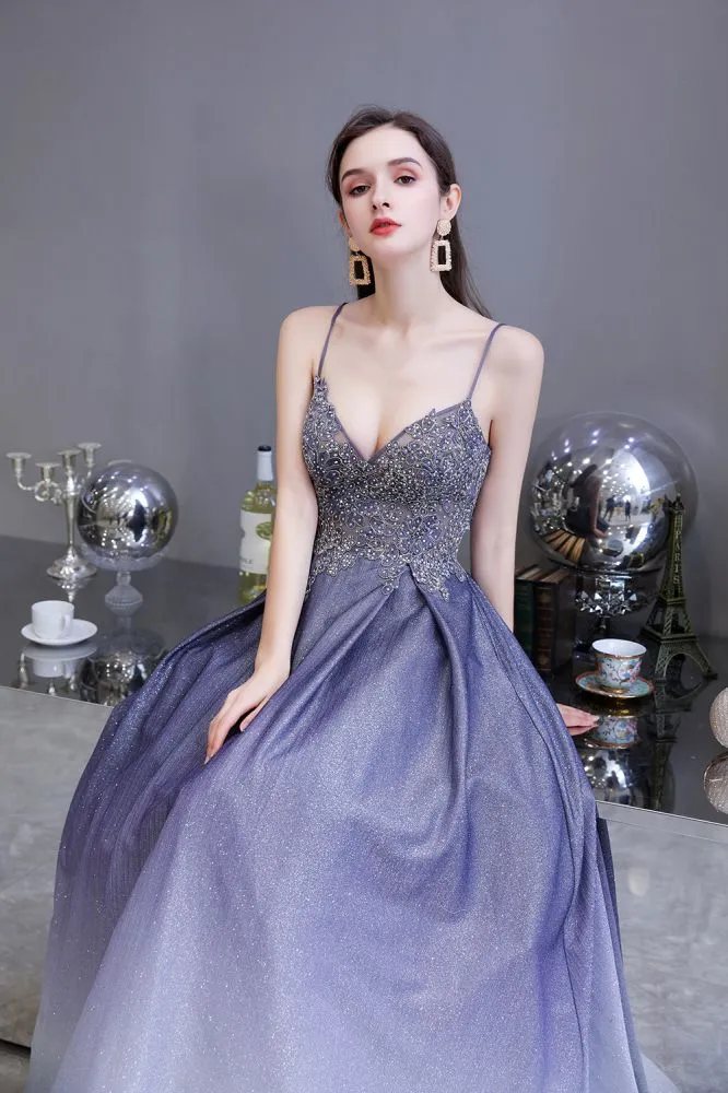 Spaghetti Strap Ombre Pruple Sparkle Prom Dresses