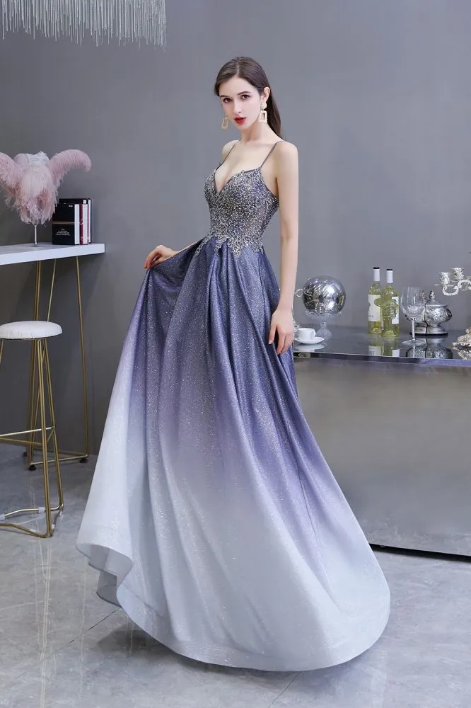 Spaghetti Strap Ombre Pruple Sparkle Prom Dresses