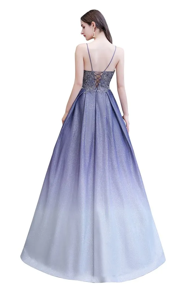 Spaghetti Strap Ombre Pruple Sparkle Prom Dresses