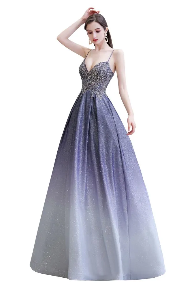 Spaghetti Strap Ombre Pruple Sparkle Prom Dresses