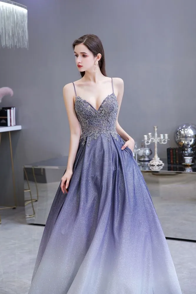 Spaghetti Strap Ombre Pruple Sparkle Prom Dresses