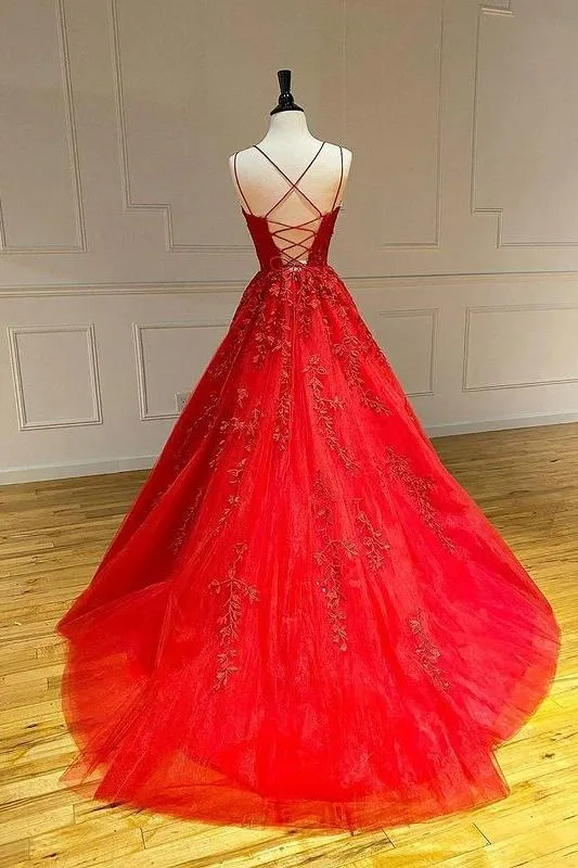 Spaghetti Straps Floral Lace Aline Evening Gown Sleeveless Prom Party Gowns
