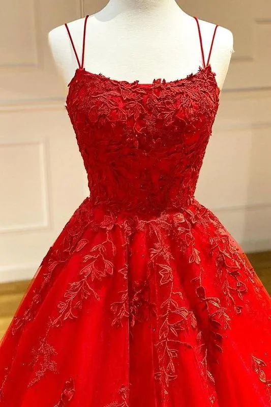 Spaghetti Straps Floral Lace Aline Evening Gown Sleeveless Prom Party Gowns