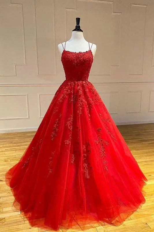 Spaghetti Straps Floral Lace Aline Evening Gown Sleeveless Prom Party Gowns