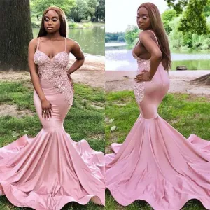 spaghetti straps pink evening dresses long mermaid lace appliqué beaded luxury evening gown 2020 vestido de Longo