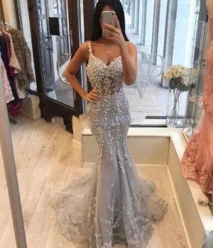 spaghetti straps silver evening dresses long elegant lace beaded appliqué modest evening gown