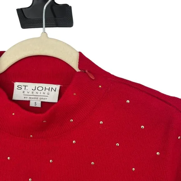St John Evening Small Red Christmas Sweater Women Gold Star Studded Pullover