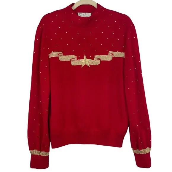 St John Evening Small Red Christmas Sweater Women Gold Star Studded Pullover
