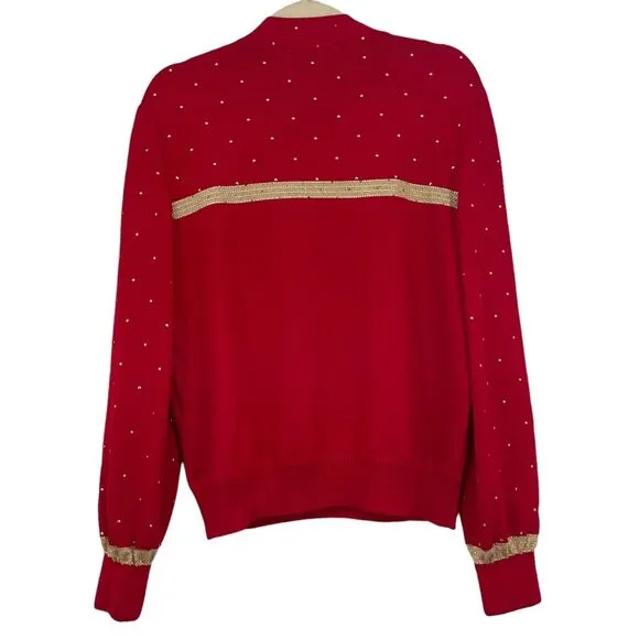 St John Evening Small Red Christmas Sweater Women Gold Star Studded Pullover