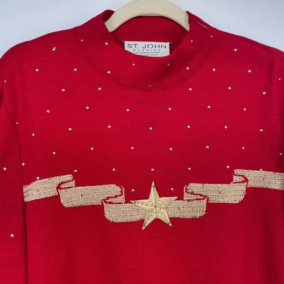 St John Evening Small Red Christmas Sweater Women Gold Star Studded Pullover