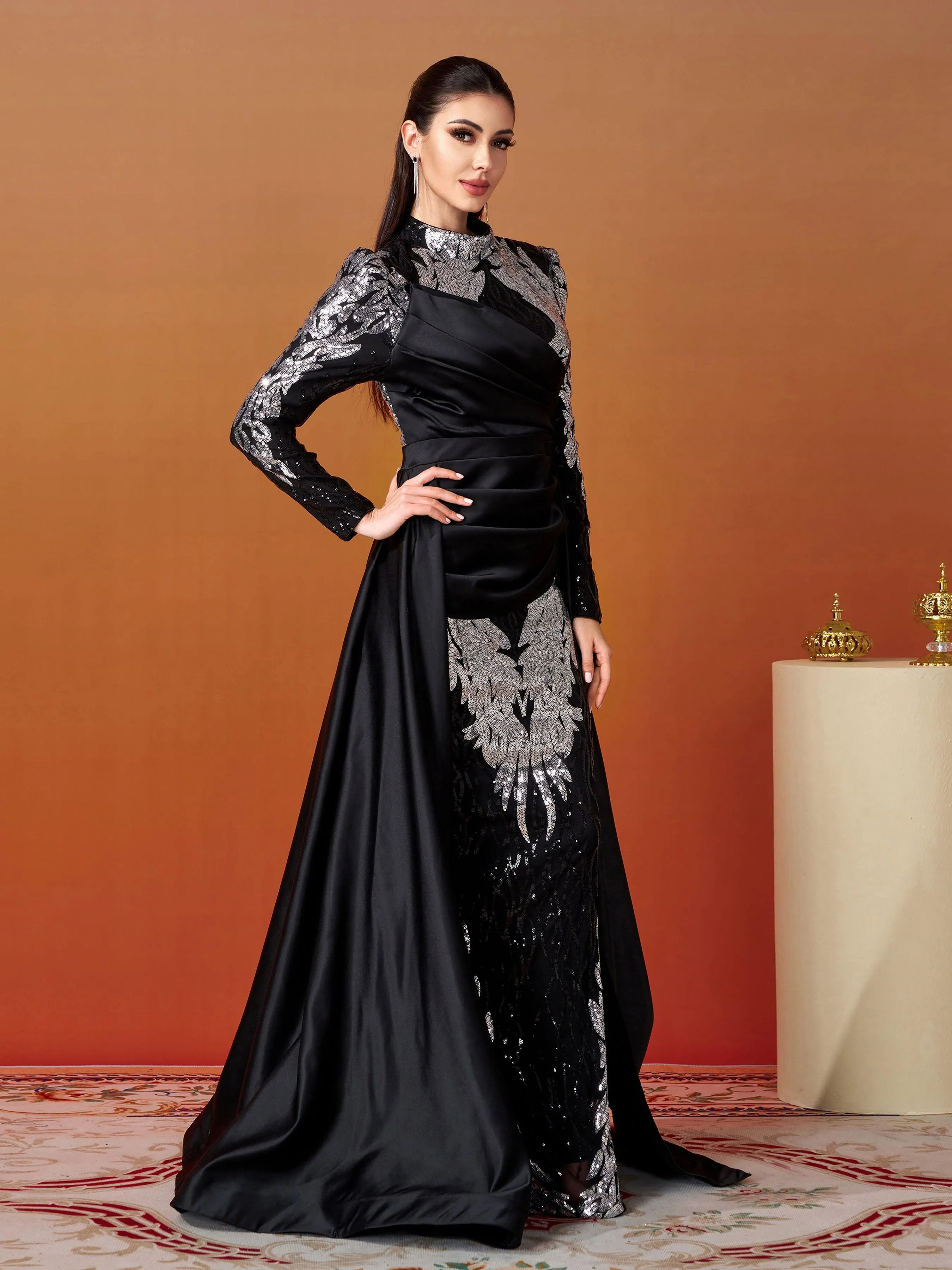 Stand Collar Fold Satin Sequin Dress MES00579