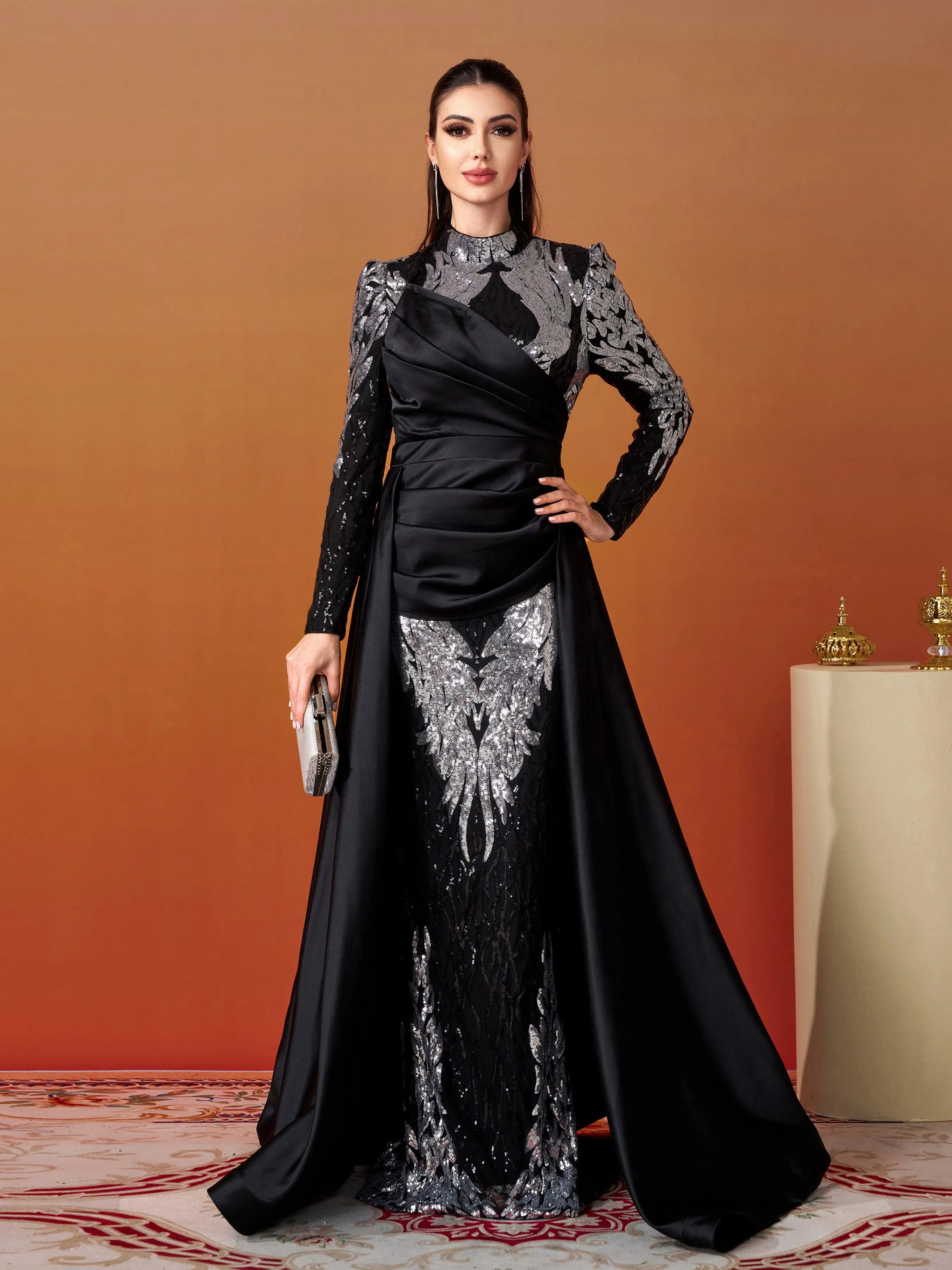 Stand Collar Fold Satin Sequin Dress MES00579