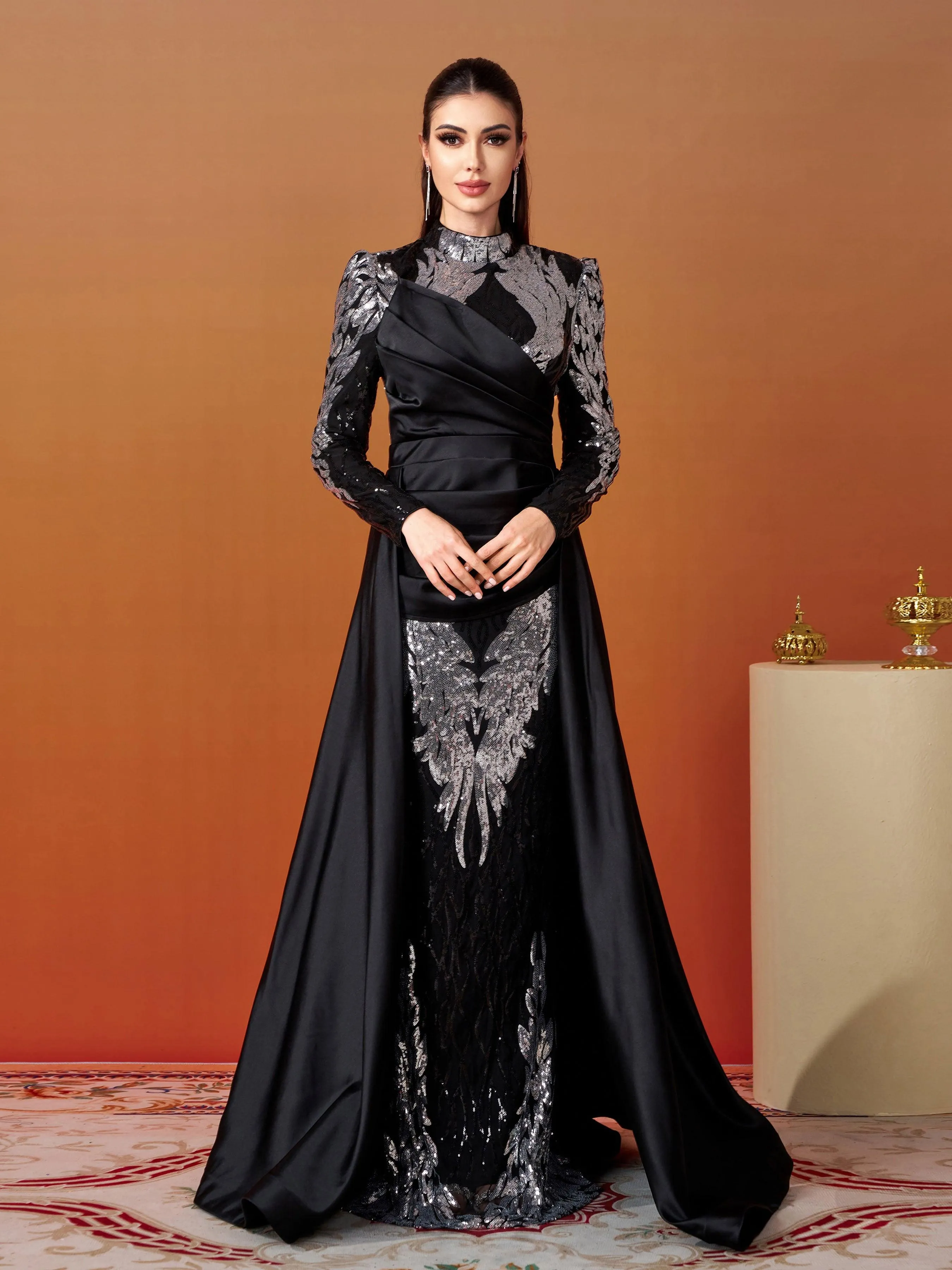 Stand Collar Fold Satin Sequin Dress MES00579