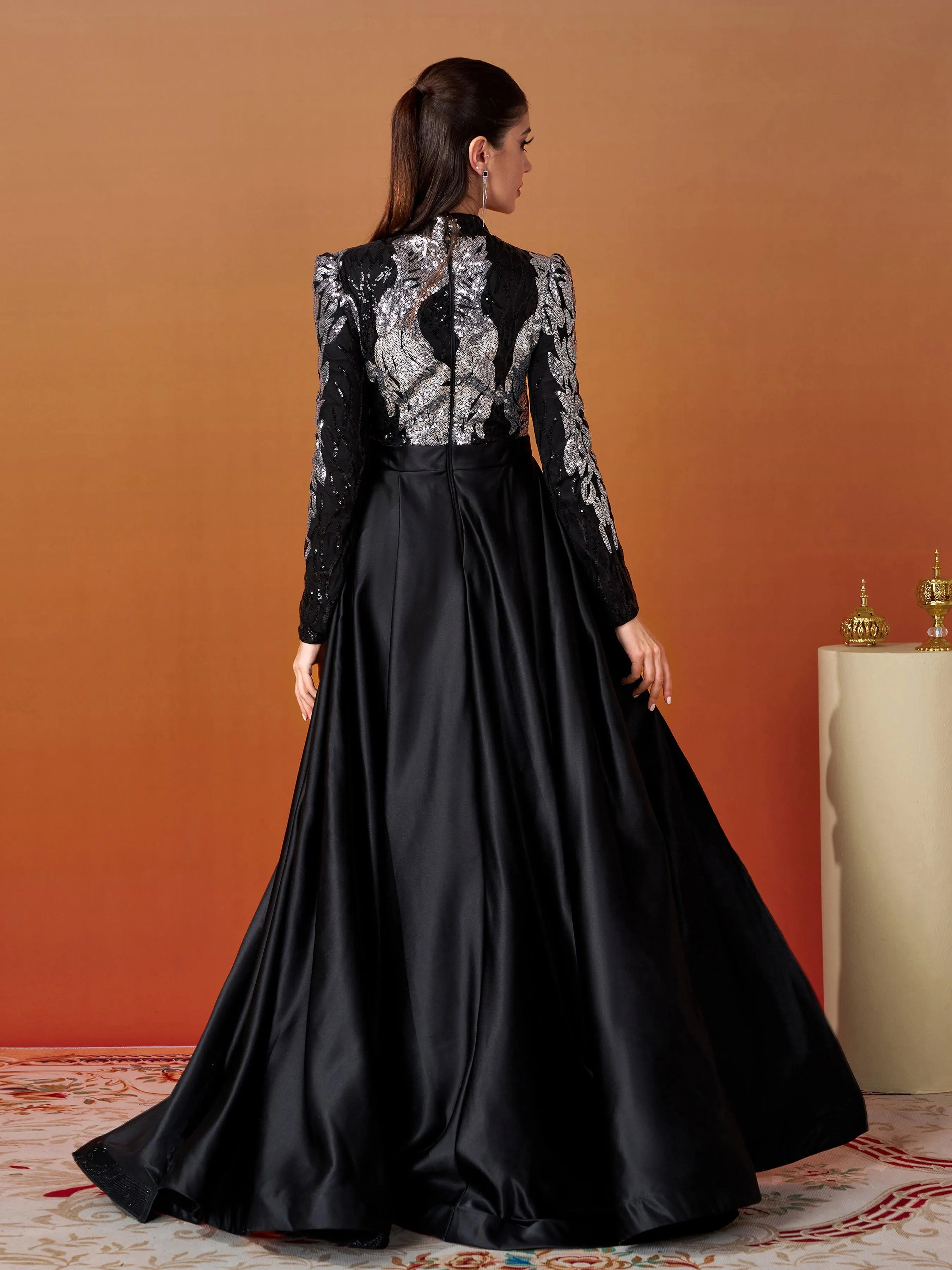Stand Collar Fold Satin Sequin Dress MES00579