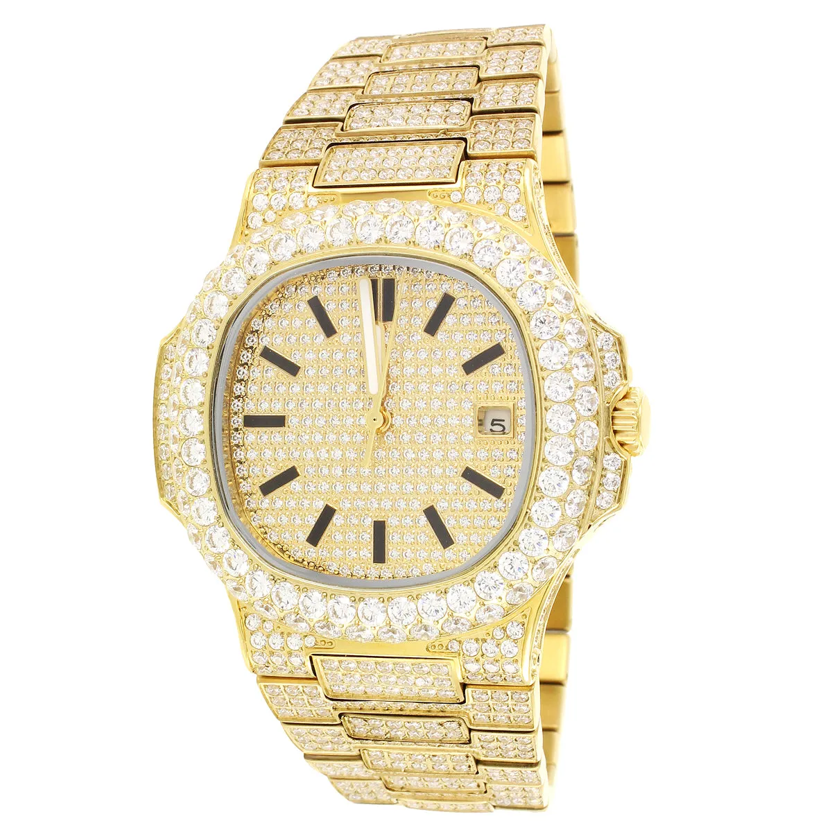 Steel 14k Gold Finish Solitaire Bezel Luxury Men's Watch
