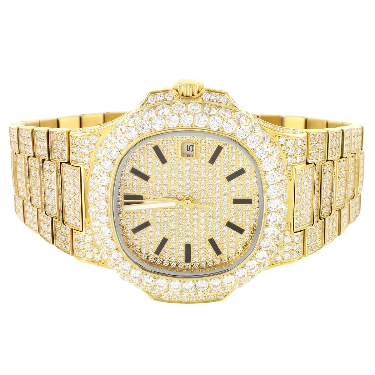 Steel 14k Gold Finish Solitaire Bezel Luxury Men's Watch