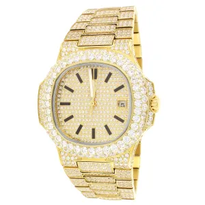 Steel 14k Gold Finish Solitaire Bezel Luxury Men's Watch