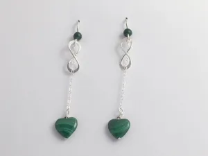 Sterling Silver Infinity symbol with chain and Malachite heart dangle Earrings
