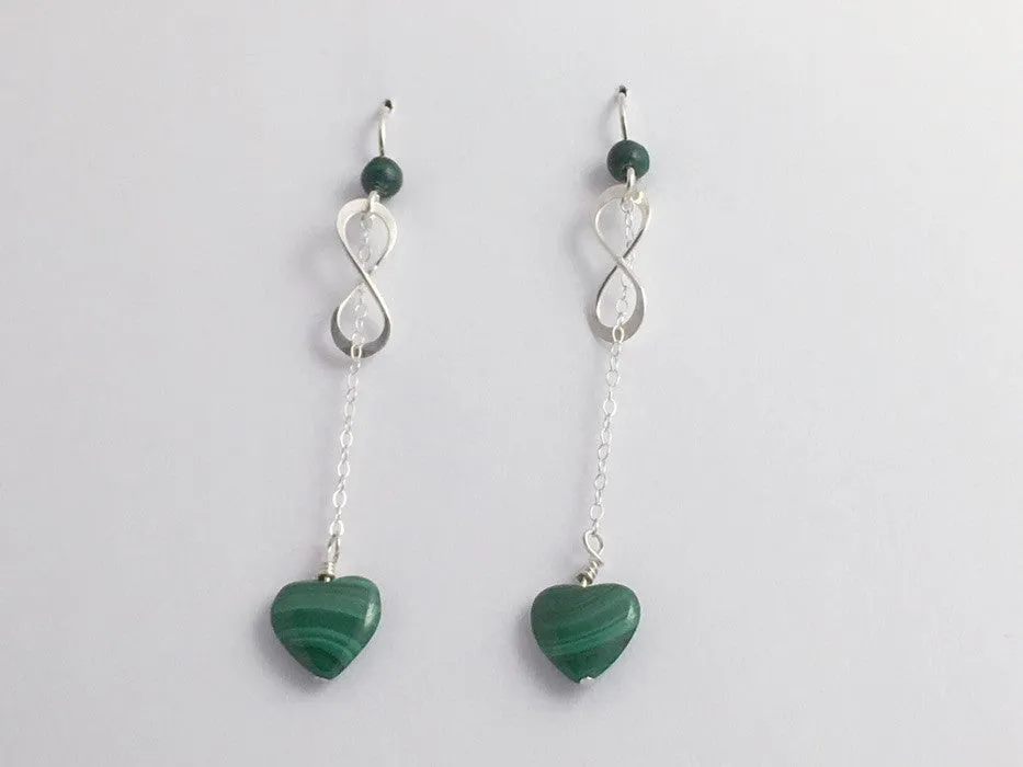Sterling Silver Infinity symbol with chain and Malachite heart dangle Earrings