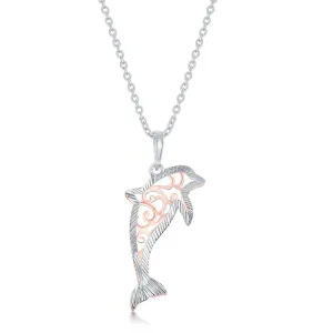 Sterling Silver Two-Tone Fancy Design Dolphin w/ Diamond-Cut Border Necklace (92443)