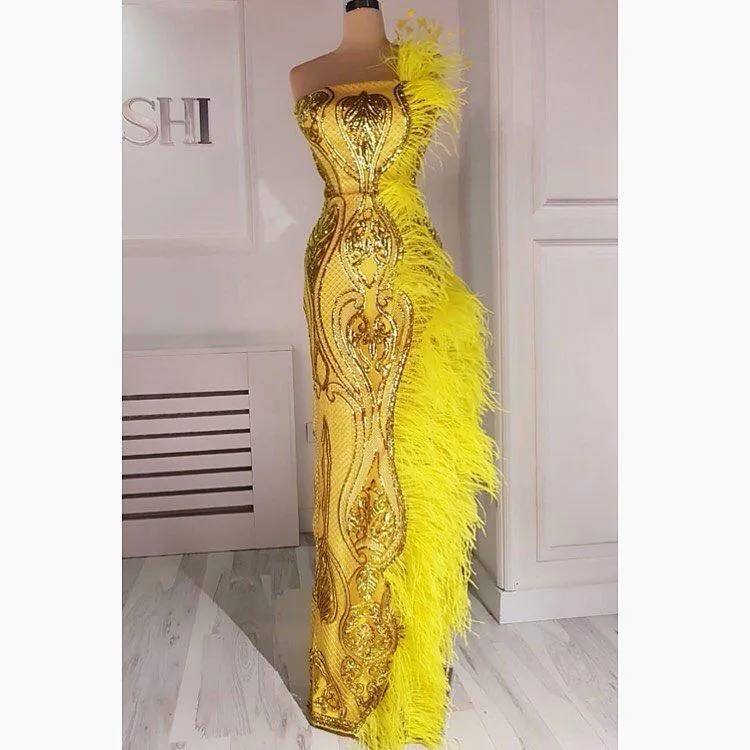 strapless yellow evening dresses long feather mermaid sequin appliqué elegant sexy formal dresses long