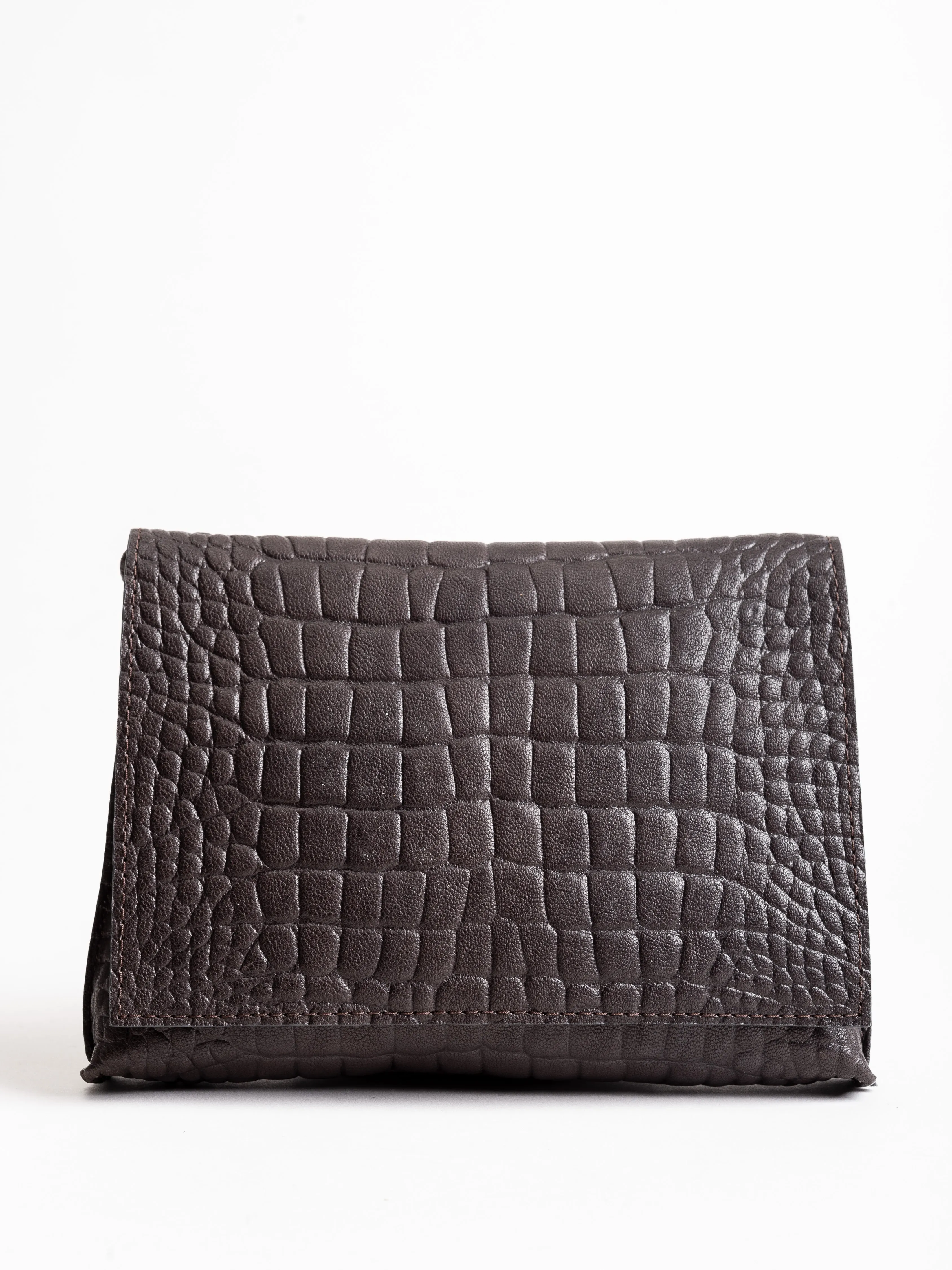 strappy foldover - ebony soft-embossed croc