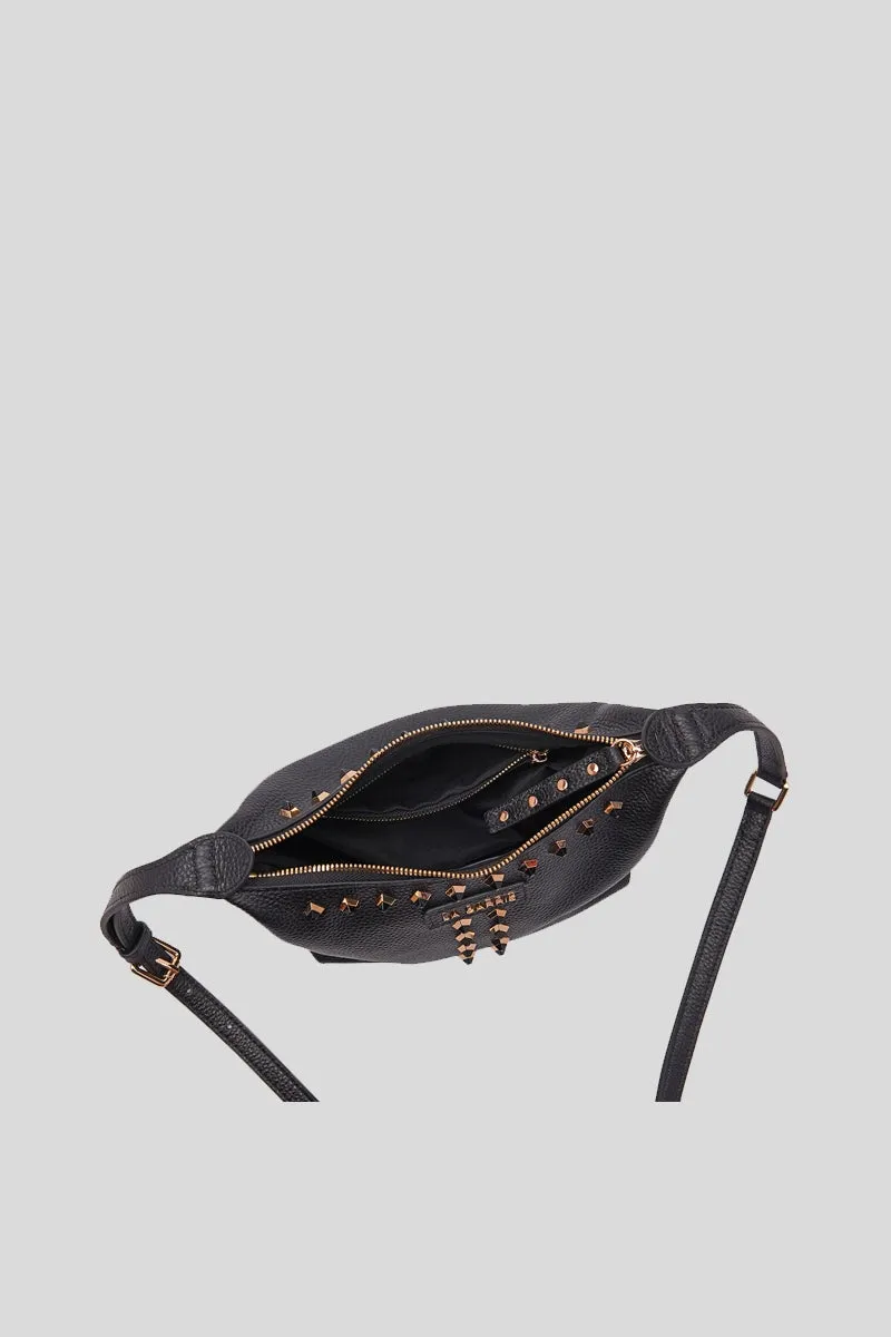 Studs Lucine Small Shoulder Bag Tumbled Leather - Black